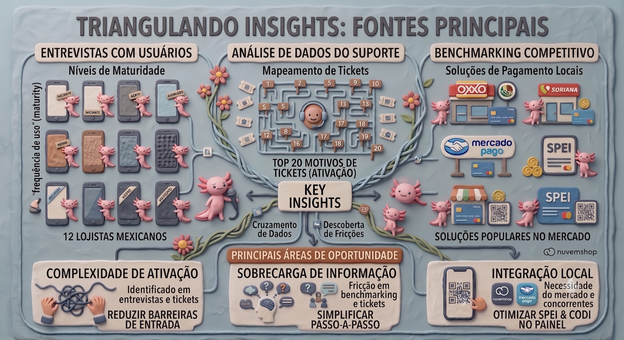 Triangulando insights: entrevistas com usuários, análise de dados do suporte e benchmarking competitivo alimentando as áreas de oportunidade